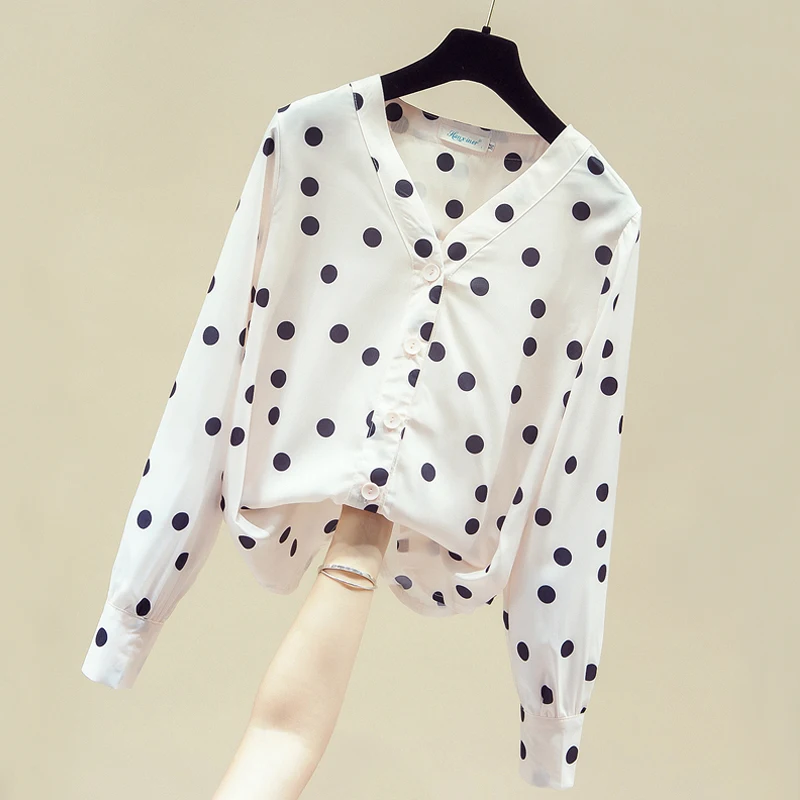 

Блузка женская шифоновая в горошек, с длинным рукавом и V-образным вырезом