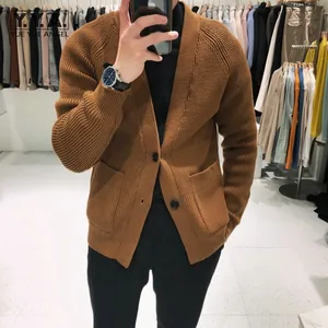 Мужской однобортный Кардиган, повседневный вязаный однотонный Кардиган с длинным рукавом и V-образным вырезом, с карманами, для зимы, 2021