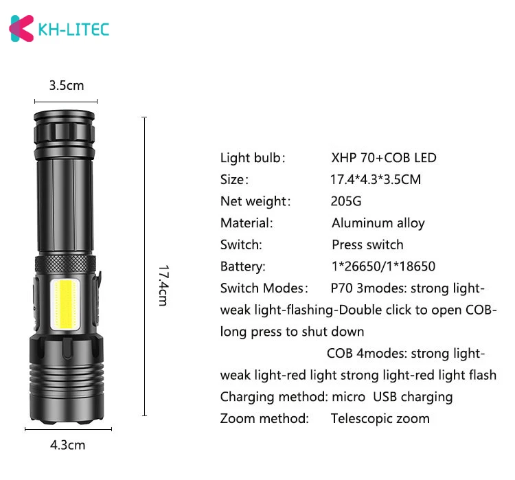 Яркий светодиодный фонарик XHP70 + COB USB Перезаряжаемый водонепроницаемый