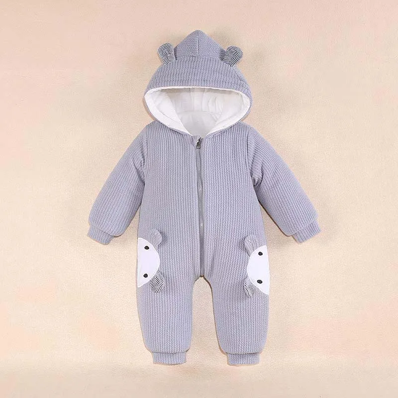 Gray bear Осенне-зимние комбинезоны для новорожденных, детские комбинезоны с капюшоном, одежда для мальчиков и девочек, костюм на молнии для младенцев, Вязаный комбинезон От 0 до 2 лет - Цвет: Gray bear