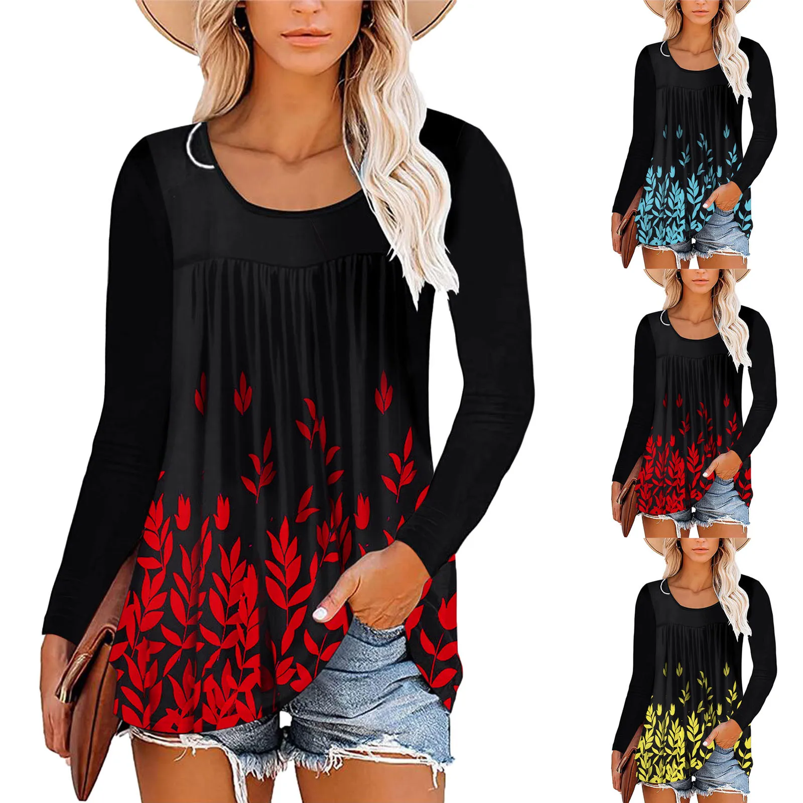 

Женские топы и блузки с круглым вырезом и длинным рукавом, плиссированная туника с принтом спереди, женские рубашки, женские рубашки, женски...