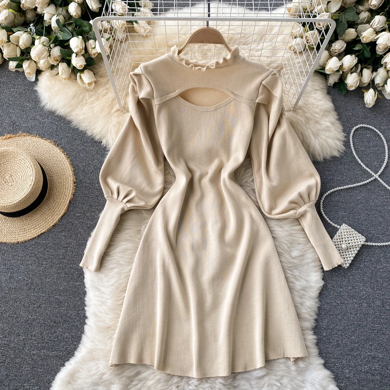 

Pinkou Women Retro Sexy Knitted Dress Cut Out Design Knitwear Long Puff Sleeve Knitwear White Red Black Mini Dresses QA553