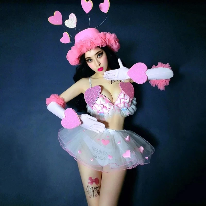 Valentine's Day Bar Nightclub Party Costume Sexy Lovely Pink Bikini Skirt Set Jazz Dance Team Performance DJ Singer Stage Outfit |