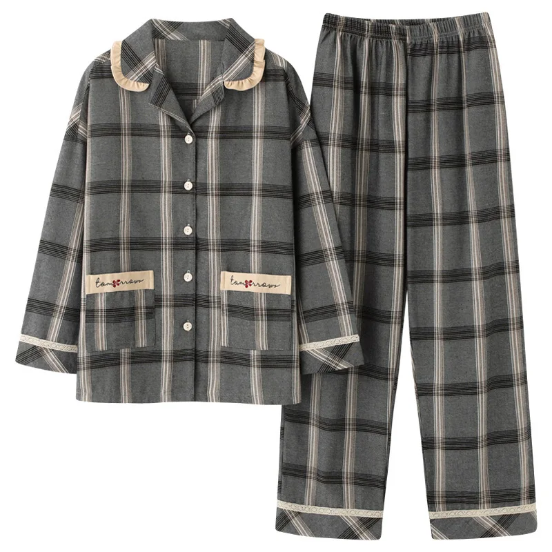 

Spring and Autumn New Pajamas Women's Woven Cotton Korean Style Simple Fashion Loose Home Service Two-piece Suit Nuisette Femme