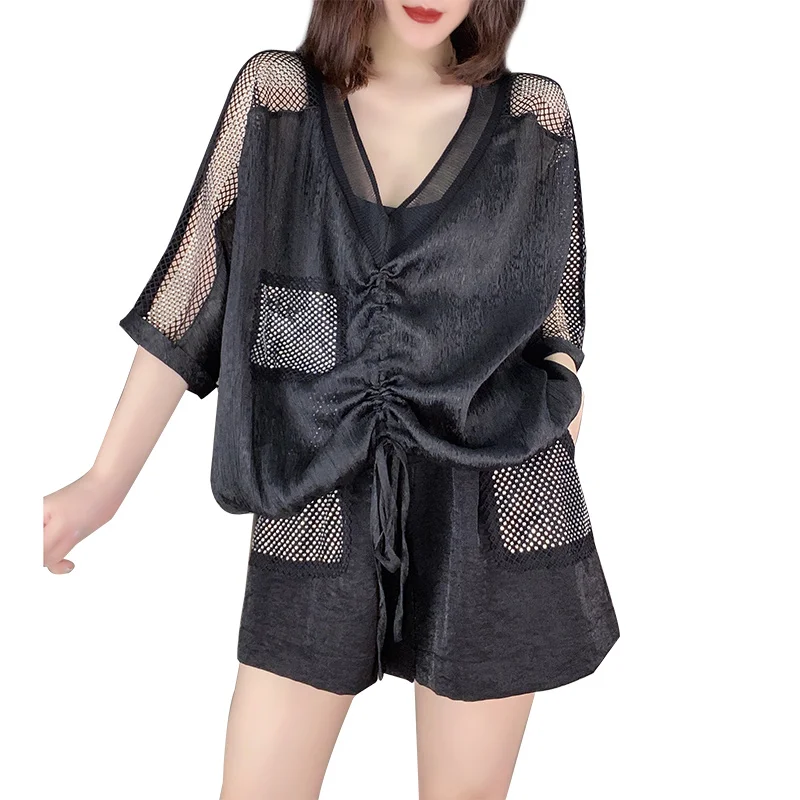 

Black Drawstring Half Sleeve Shirt Shorts Fashion Two-piece Suit 2021 Summer Women's New