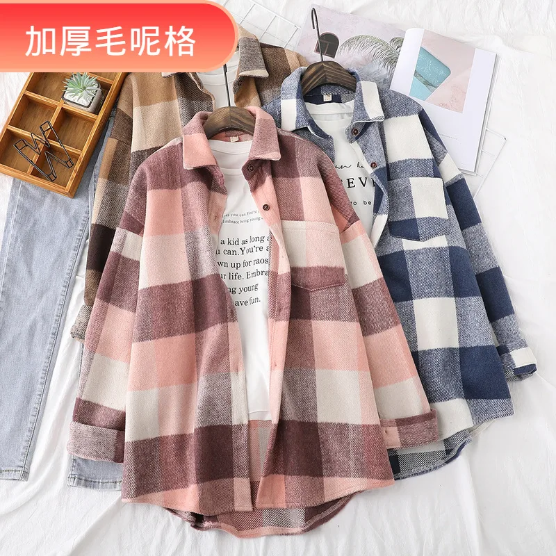 

Womens Woolen Plaid Shirts Blouses Winter Thick Long Sleeve Lady Tops Loose Checked Female Clothing Outwear Coat Plus Size