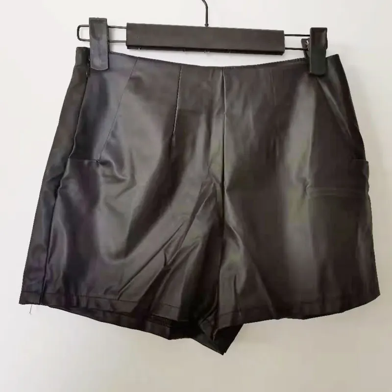 

Однотонные трапециевидные Женские повседневные кожаные брюки с широкими штанинами короткие брюки для женщин в Корейском стиле с высокой т...