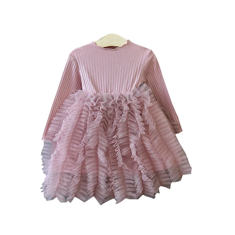 

2021 Baby Kids Clothes Girls Princess Dress Autumn New Fashion Solid Ball Gown for Girl Cotton Long Sleeve Mesh Dresses
