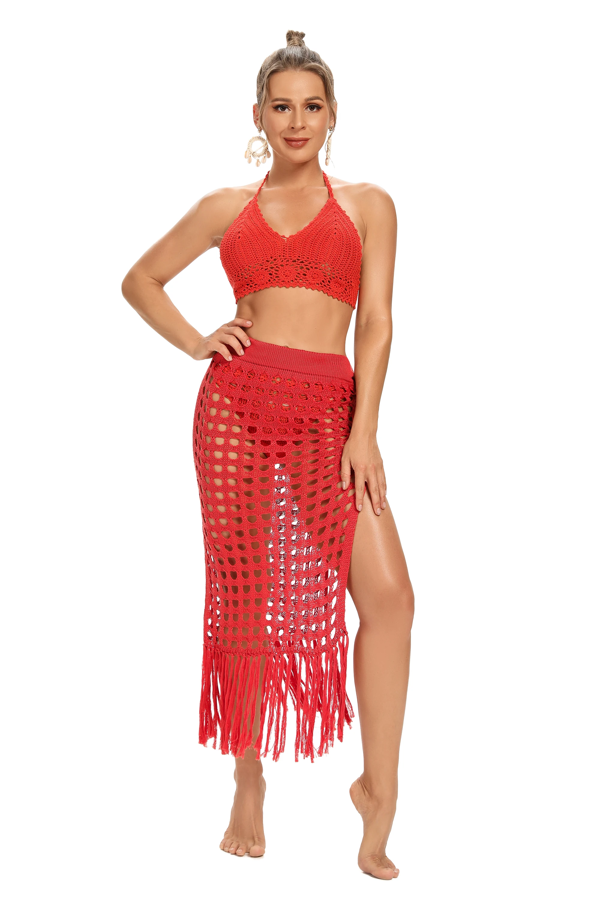 

hirigin 2021 New Solid Color Women Summer Skirt Hollow Out High Waist Beachwear Skirt with Tassel Decoration Summer Dress