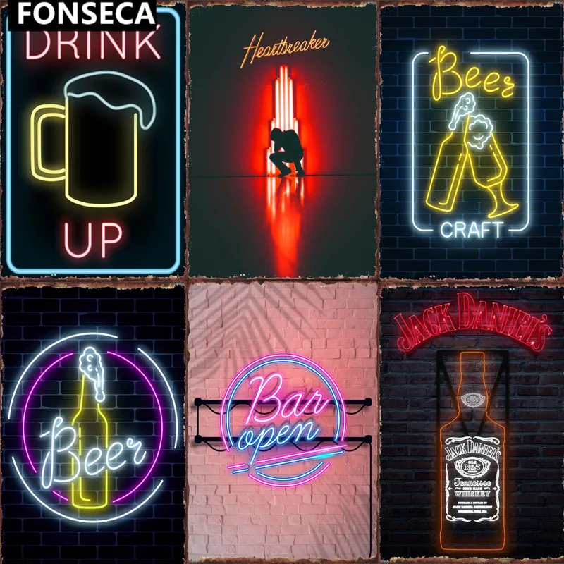 

Neon Bar Open Decoration Metal Sign Tin Sign Tin Plates Wall Decor Room Decoration Retro Vintage For Home Club Man Cave Cafe