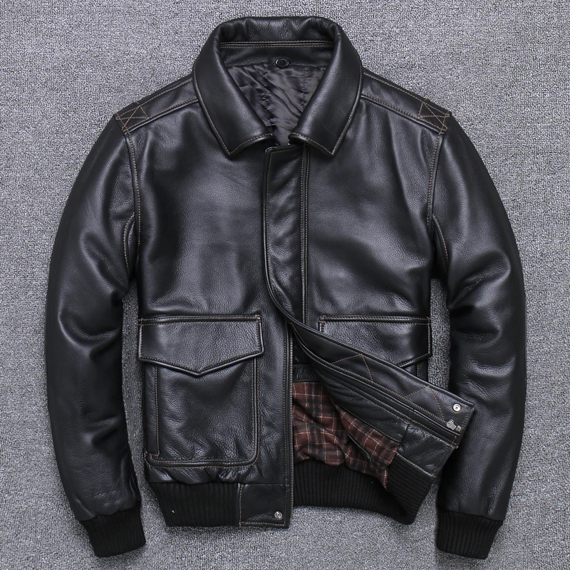 

Black Men 2020 USAF A2 Pilot Leather Jacket Wool Collar Genuine Thick Cowhide Russian Winter Aviator Leather Coat FREE SHIPPING