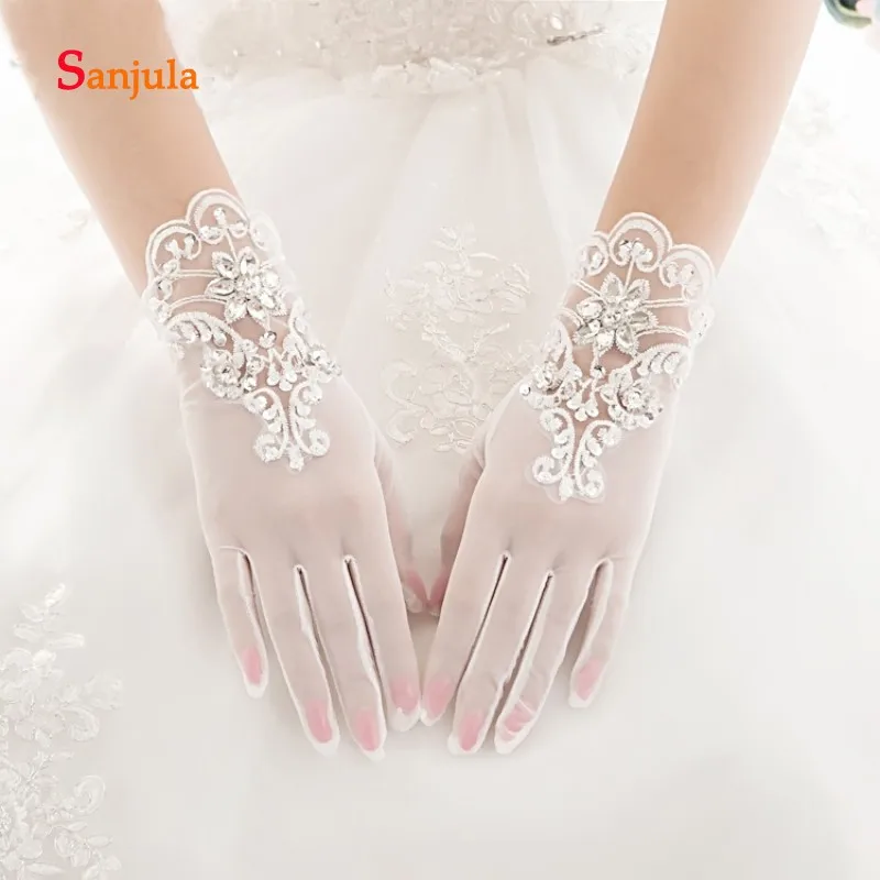 Белые кружевные блестящие Украшенные бусинами Свадебные перчатки 2019 длина