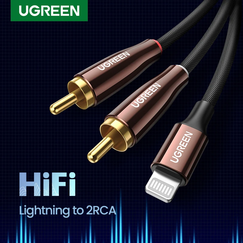 Кабель UGREEN с Lightning на RCA MFi Сертифицированный разделитель 2RCA аудио AUX адаптер Hi-Fi