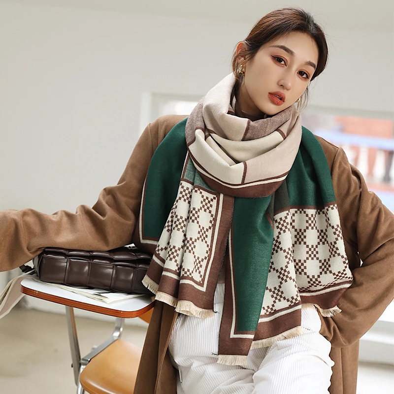 Imitation Cashmere Women Vintage Plaid Print Double sided Scarf Winter Warm Shawl Elegant Knit Tassel Female Thick Long Wrap |