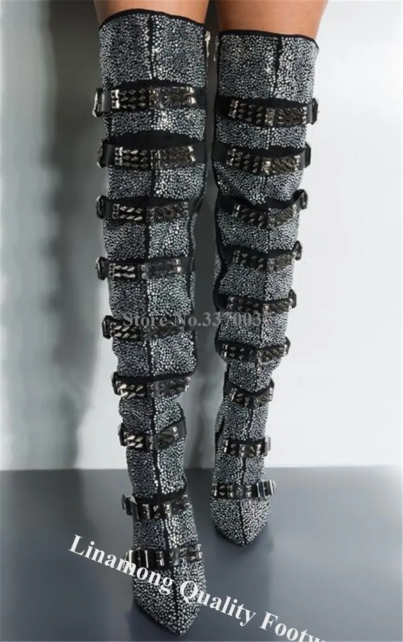 Женские пикантные блестящие украшение с бриллиантами и стразами ботфорты на шпильках черные Кристальные пояса с пряжками и заклепками сапоги на высоком каблуке