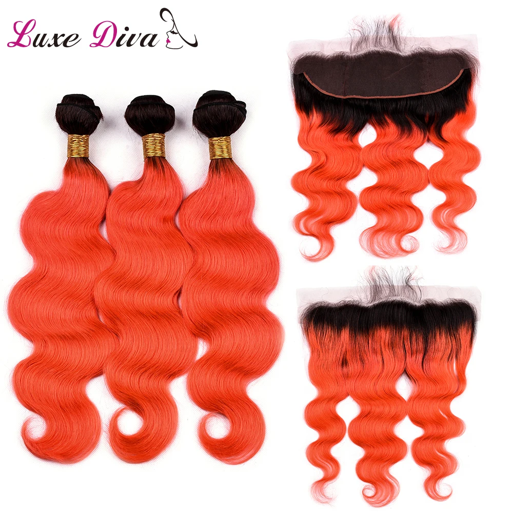Luxediva Pre-colored Ombre T1B/ORANGE Red Hair Weaves Bundles With Frontal Closure Brazilian Body Wave Human Hair and Closure