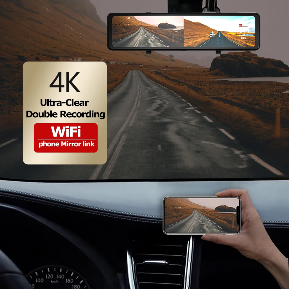 

Car 4K WiFi Dash Cam 170 Degree Wide Angle 12 inch Rearview Mirror Video Recording Night Vision DVR+1080p Rear View Camera