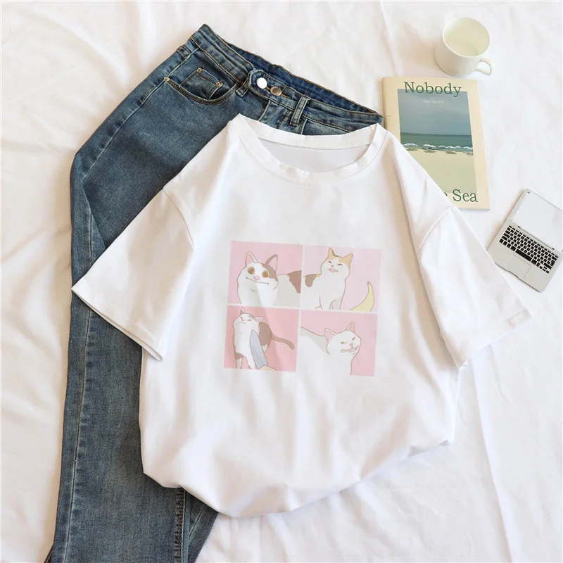 

2020 female cartoon cat top tee casual Harajuku T-shirt album direct mail retro short sleeve Ulzzang kawaii female T-shirt