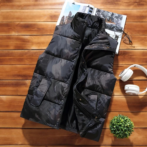 Camouflage black Камуфляжный жилет для мужчин зимняя куртка без рукавов модный жилет для мужчин утолщенный теплый жилет с хлопковой подкладкой мужские тонкие жилеты плотной посадки 4XL - Цвет: Camouflage black