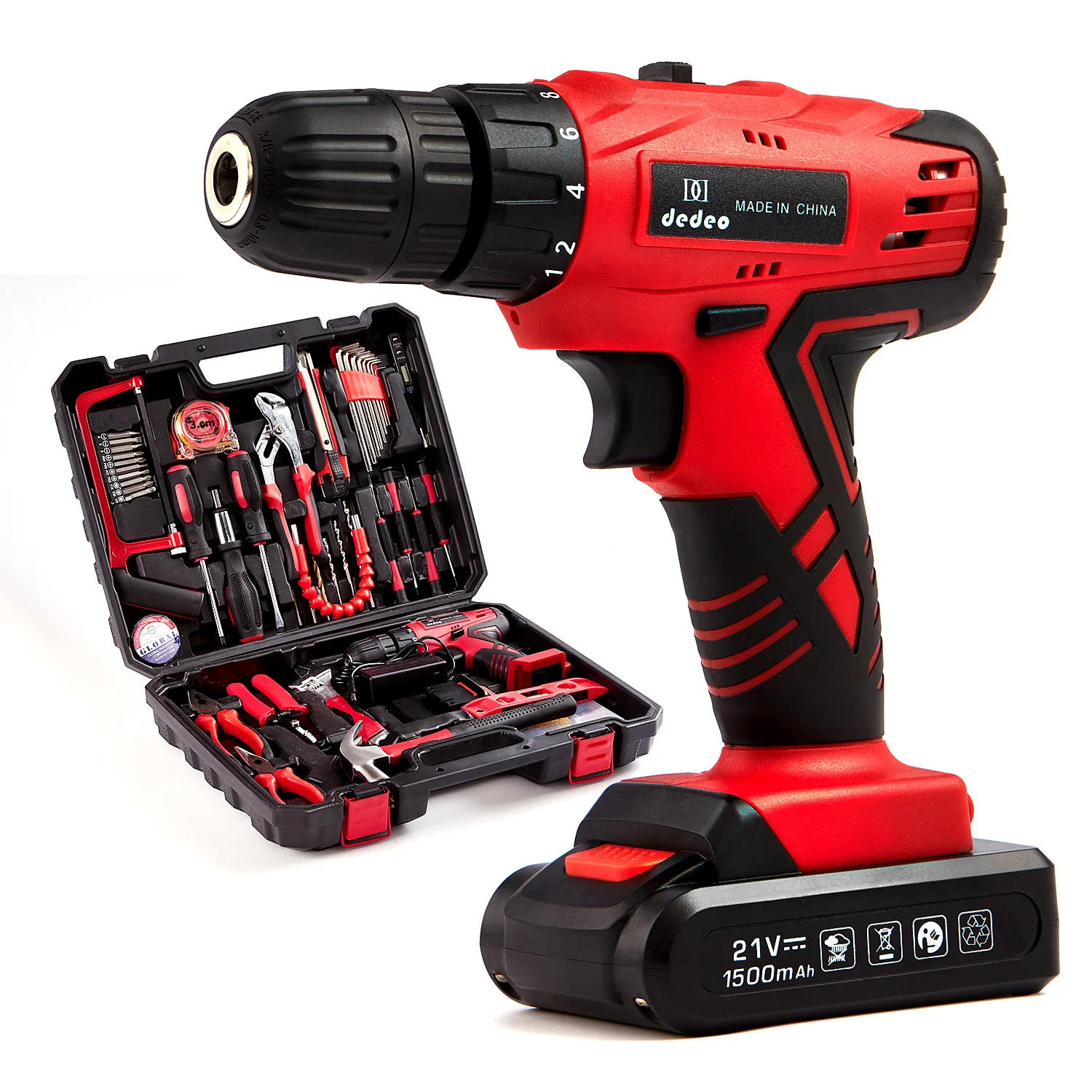 

DEDEO 21V Red Tool Kit with Drill 247 In-lb Torque 0-1350RMP Variable Speed 10MM Keyless Chuck 18+1 Clutch 1.3Ah Li-Ion Battery