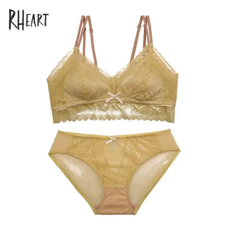 

Roseheart Women Fashion Yellow Blue Sexy Bras Wireless Lace Bow Bras Cotton Panties Backless Padded Bra Sets A B Underwear