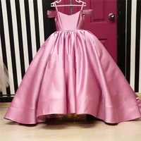 pink satin long flower girls dresses for weddings a line sexy off the shoulder bow knot pageant toddler birthday party dress