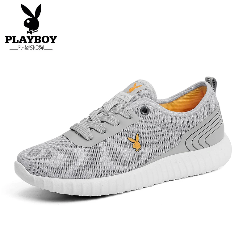 PLAYBOY Новая мужская обувь для бега крутые спортивные кроссовки амортизационная подушечка дышащая трикотажная свежая сетчатая уличная прогулочная беговая Обувь - Цвет: Серый