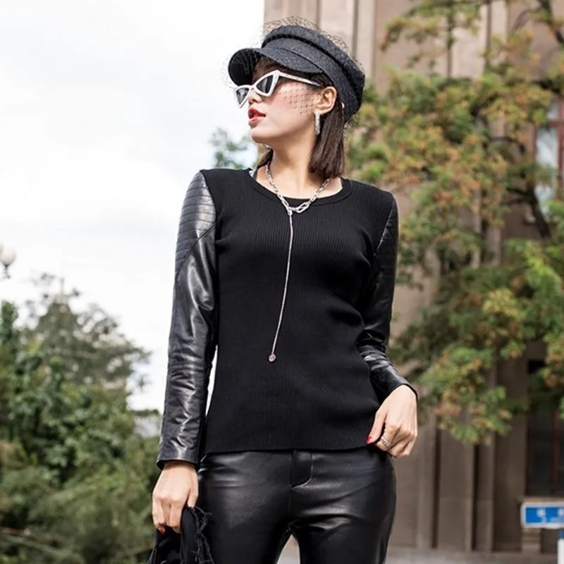 Женский облегающий эластичный пуловер свитер из натуральной овечьей кожи с