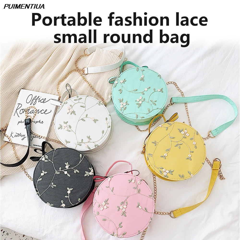 

PUIMENTIUA Hot Sweet Lace Chain Round Handbags High Quality PU Leather Women Crossbody Bags Female Small Flower Shoulder Bag