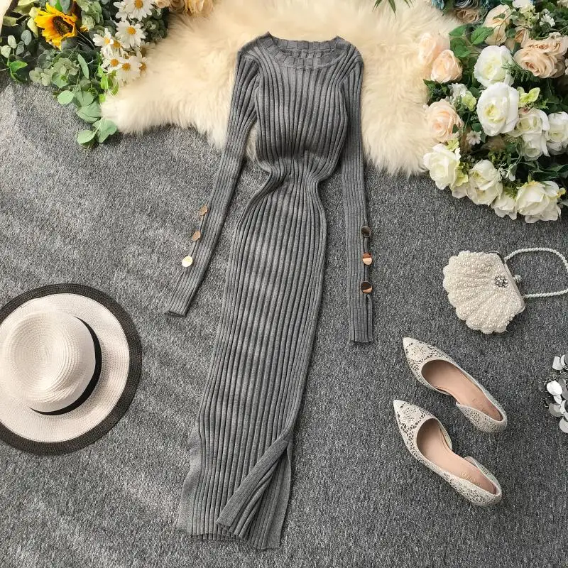 ALPHALMODA французское платье Популярные пуговицы рукав пуловеры туника платье вязаный свитер платье сплошное v-образным вырезом сексуальное платье шаг