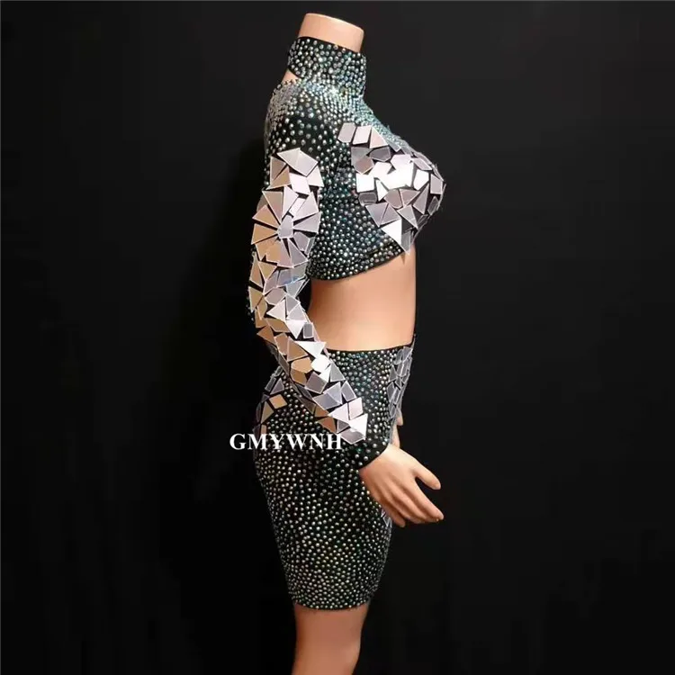 Вечернее платье T59 Singer с разрезом стразы вечерняя одежда серебряная зеркальная