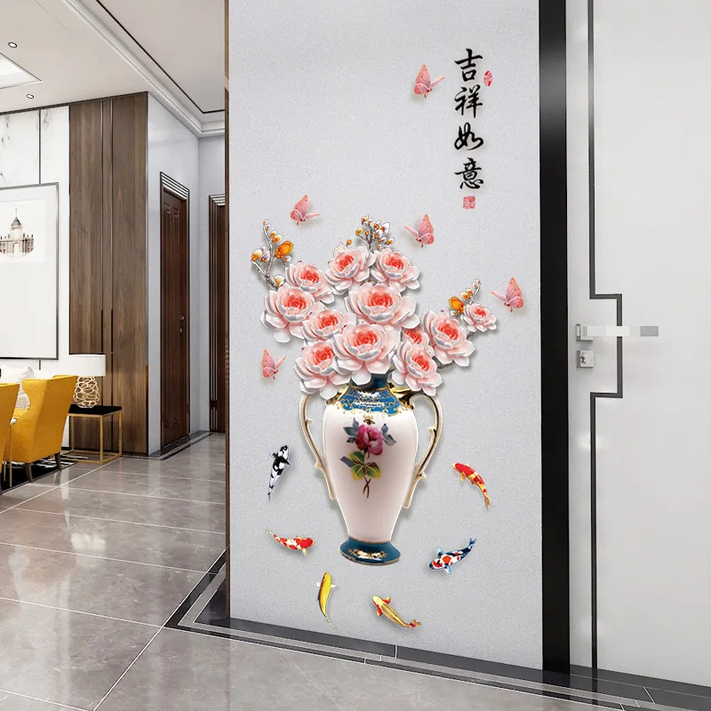 

Chinses Style Peony Vase Wall Stickers Home Decor Living Room 3d Wall Art Decals TV Backdrop Decor Poster Bedroom Wallpaper
