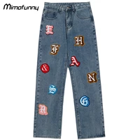 jeans embroidery punk letter furry patch straight denim pants hipster high street style trousers loose autumn unisex streetwear