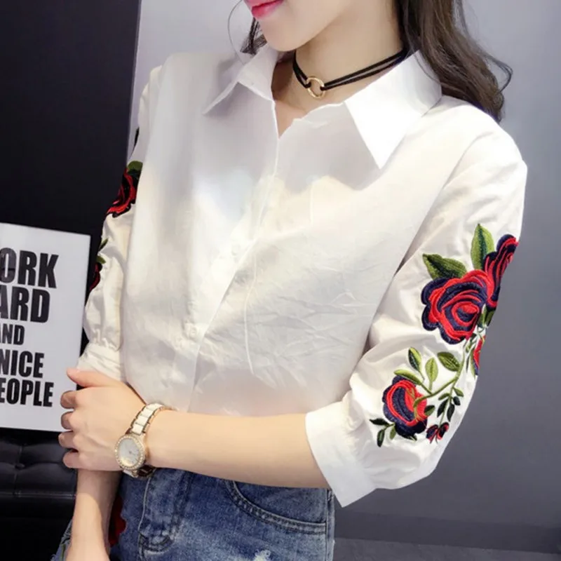 

Hot 2019 Women Floral Embroidery Blouse Long Sleeve Fashion Casual Shirt Women Camisas Femininas