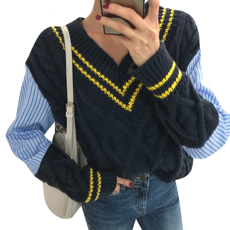 TWOTWINSTYLE, лоскутный хит, цветной свитер для женщин, v-образный вырез, длинный рукав, корейский пуловер, женская мода, осень, негабаритный, новинка