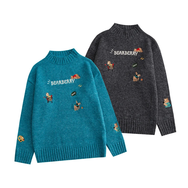 

2021 Women's Kawaii Ulzzang Vintage College Cartoon Bears Embroidery Sweater Female Korean Thick Cute Loose Harajuku Clothing