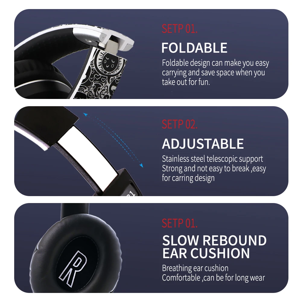 

Wireless Headphones Bluetooth 5.0 HiFI Stereo Headphone Foldable Headset With HD Mic Supoort TF card Compatible Android ios pc