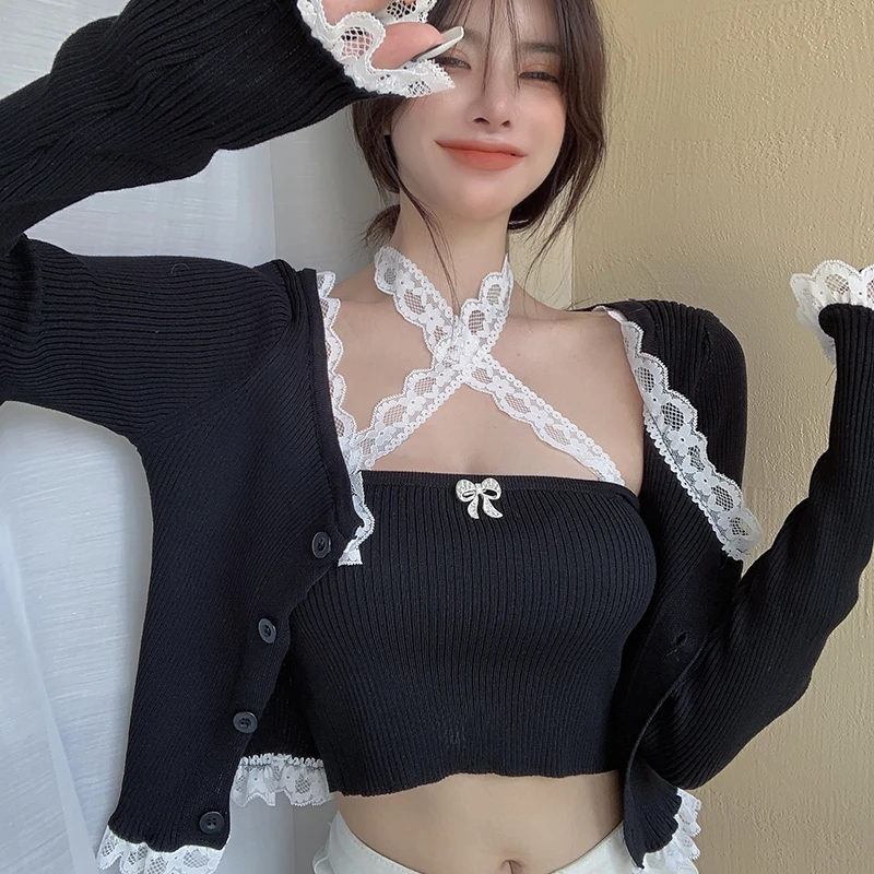 

FOR Lace Knit Cardigan Women's Summer Design French Bow Black Cardigan Jacket