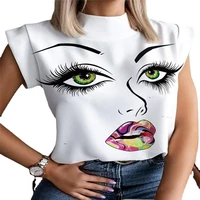 women lips printed t shirt ladies casual stand neck tee tops short sleeve streetwear summer floral large size pullover t shirts