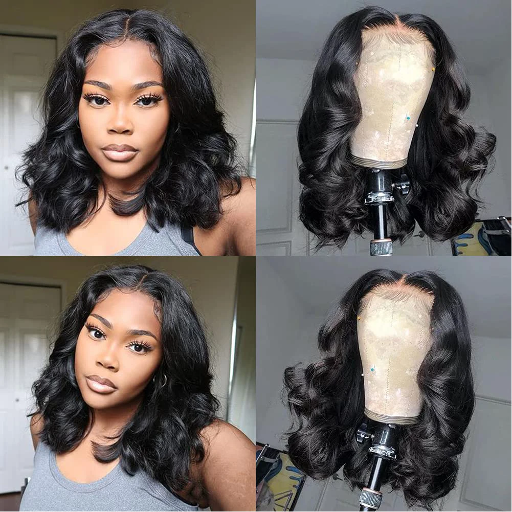 

RONGDUOYI Short Bob Lace Front Wigs Body Wave Wig High Temperature Fiber Short Synthetic Wigs Glueless Wig Black Color Daily Use