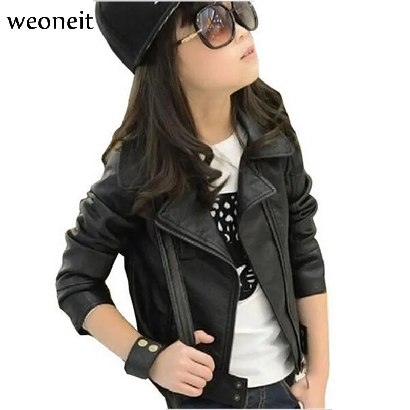 Weoneit New Girl Leather Jacket Kids Girls Coats Spring Faux Jackets Casual Black Solid Children Outerwear | Детская одежда и