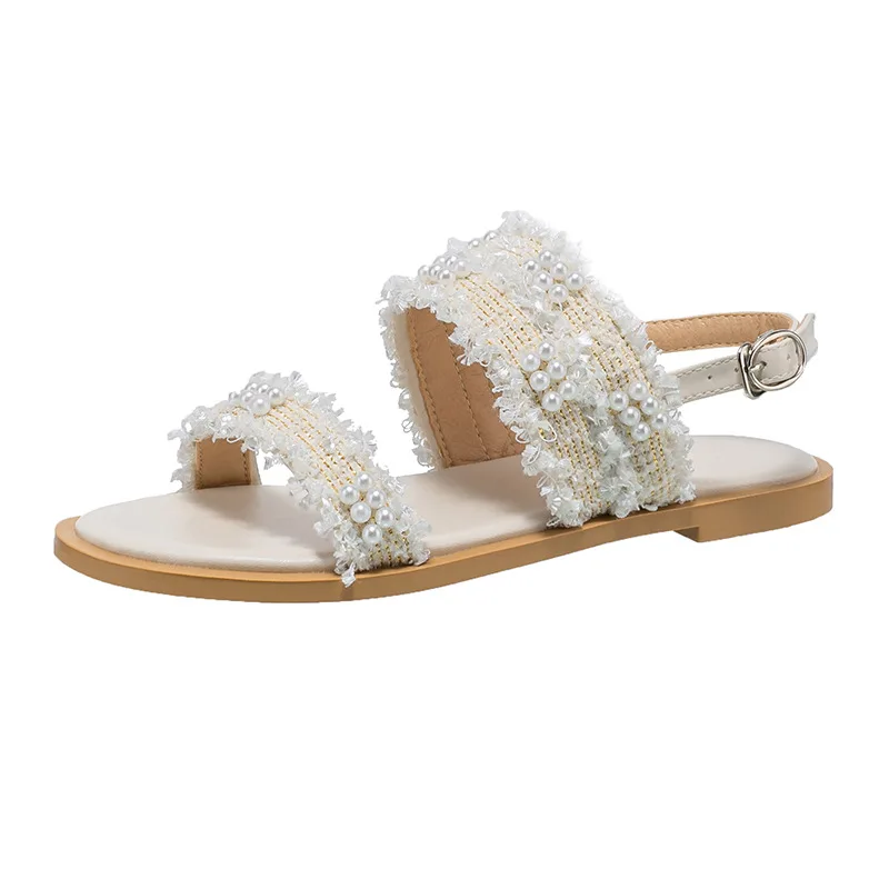 

Autumn New Fashion Hemp with Pearl Ankle Strap Plus Size Sandals for Women