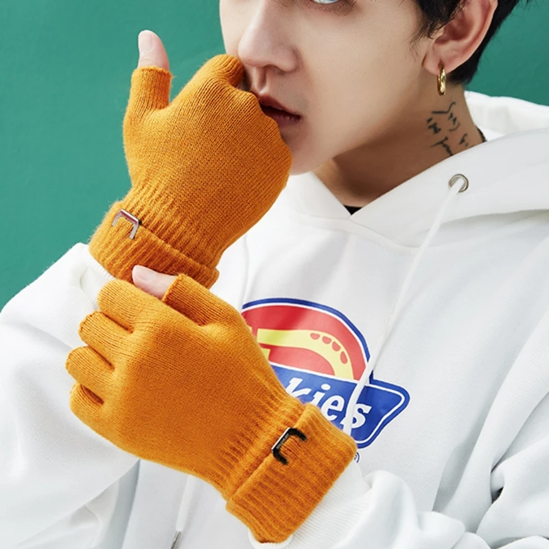 

Unisex Winter Knit Half Finger Gloves Metal Logo Solid Color Fingerless Mittens T5UF