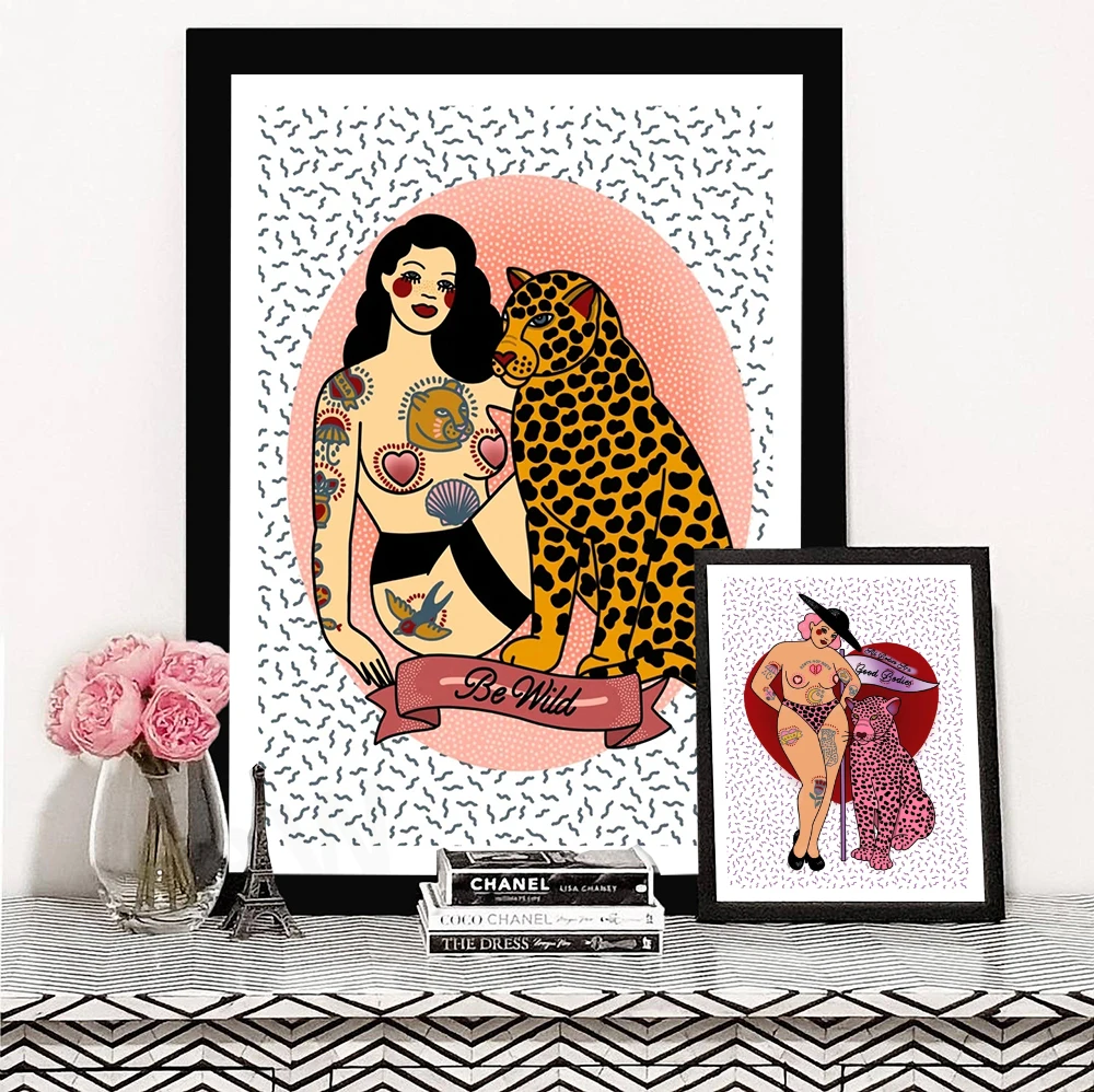 

Nordic Abstract Line Canvas Posters Tattooed Girl Painting Wild Leopard Wall Art Print Pictures For Bedroom Interior Home Decor