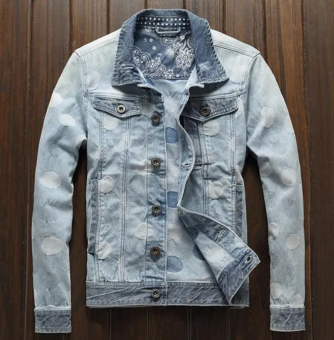 light blue BONJEAN Mens Polka Dot Denim Jacket Mal Rock Fashion Light Blue Slim Casual Biker Jackets Coat Drop Shipping - Цвет: light blue