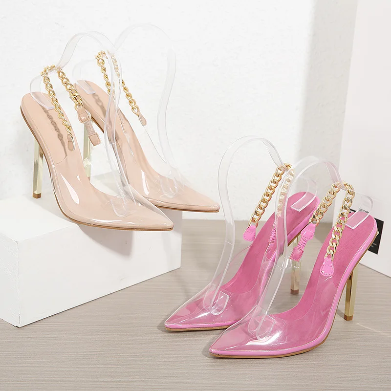 

LEOPARD LAND Fashion Transparent PVC Pointed Toe Women's Shoes Summer Square Heel Chain Shallow Mouth High Heel Sandals JXQ