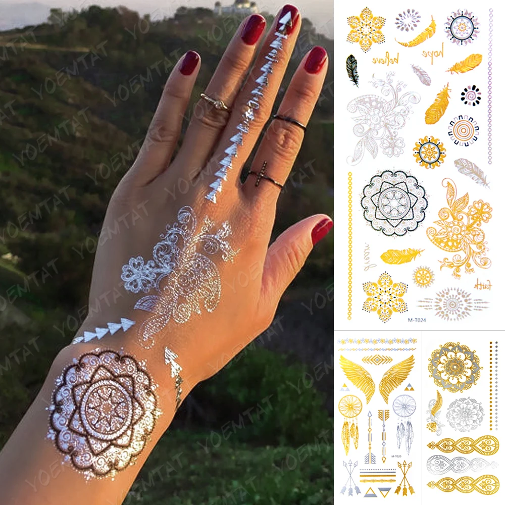 

Waterproof Temporary Tattoo Sticker Mandala Henna Gold Silver Metallic Flash Tatoo Boho Party Jewelry Glitter Bracelet Body Art