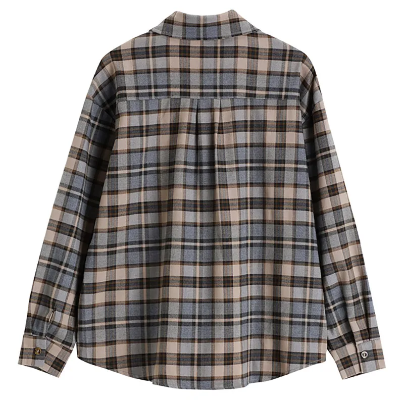 

fashion Preppy style Plaid female design sense shirt Vintage spring new style Blouse lapel loose button all-match Casual wear