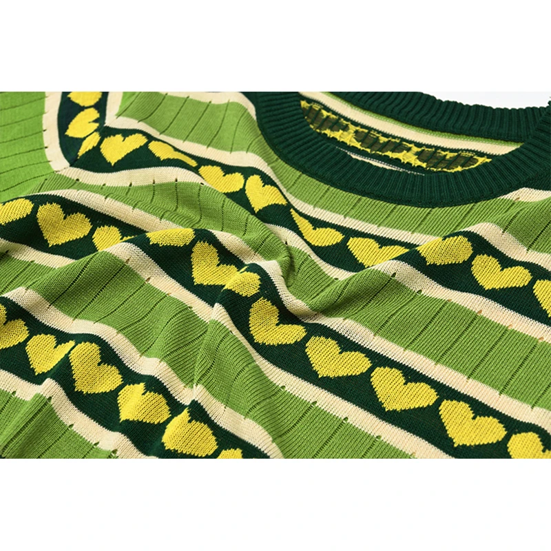 Vintage Women Crop Tops Green Knitted Summer O Neck Short Sleeve Love Pattern Casual Female Slim Knit Top Cropped Tees | Женская одежда
