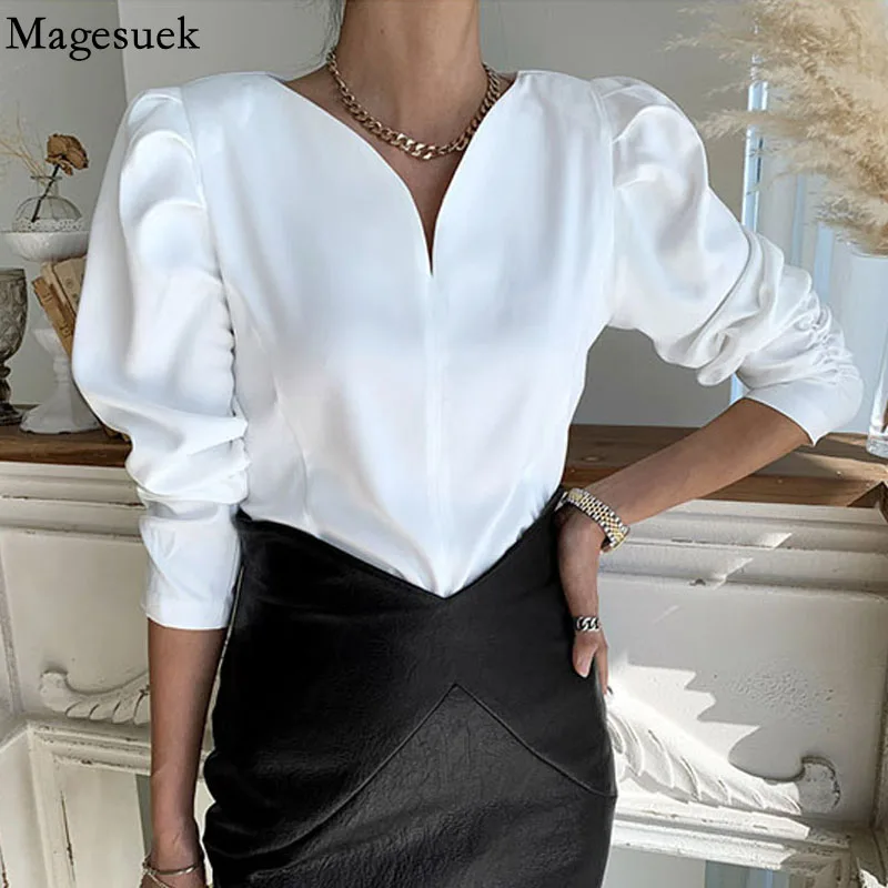 

Новая Корейская рубашка с V-образным вырезом, Весенняя блузка с длинным рукавом, Милая женская блузка с пузырьковым рукавом, шикарный пулове...